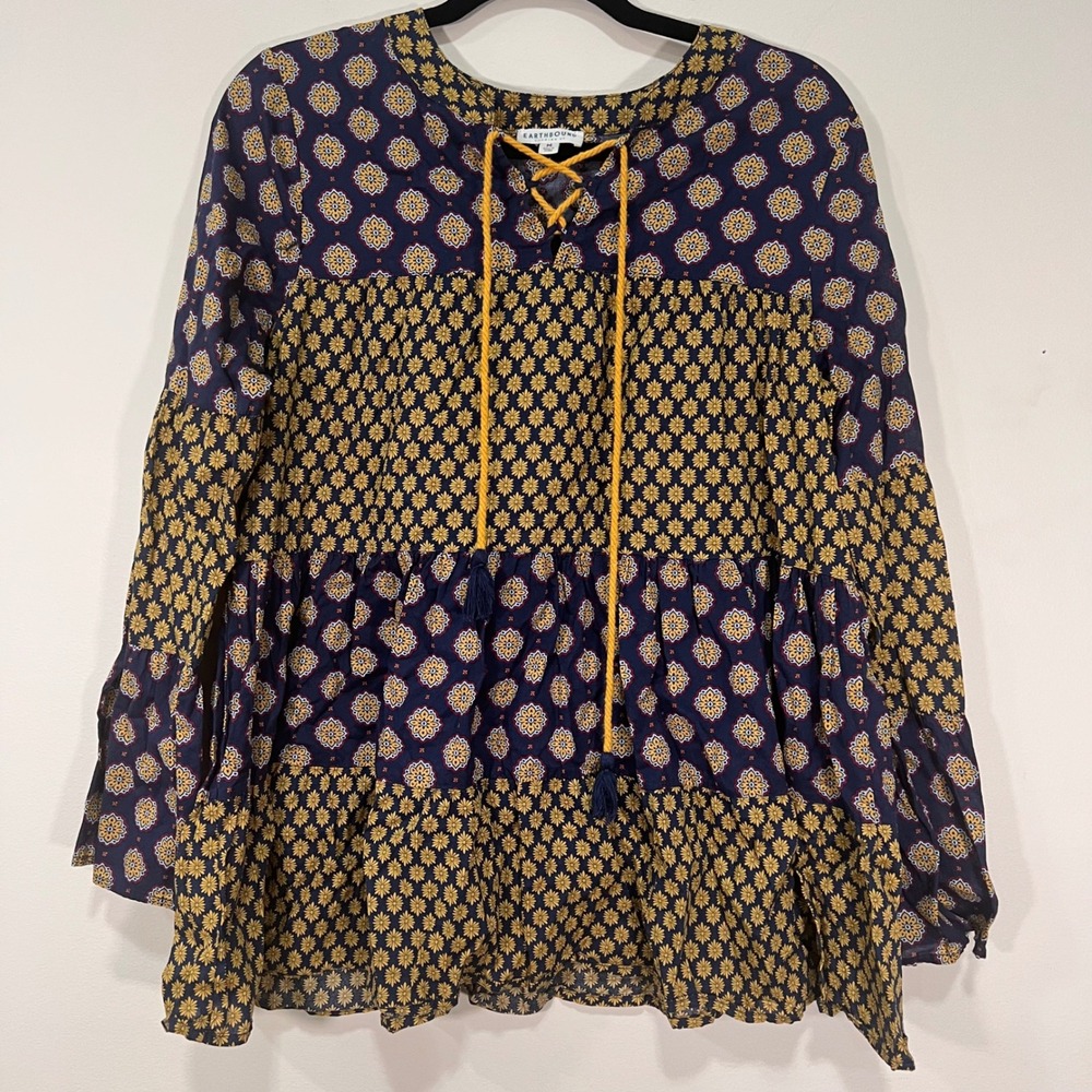 Earthbound Trading Co Navy Mustard Mixed Floral Tiered Lace Up Peasant Blouse M